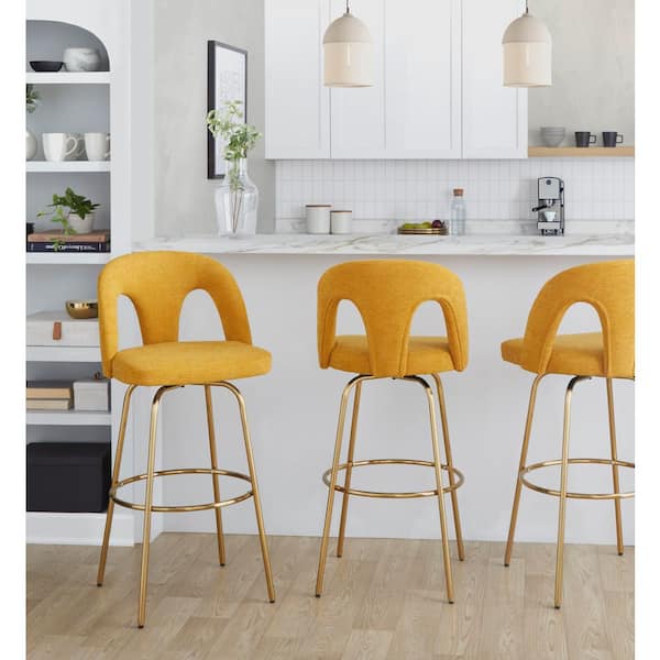 Ava Upholstered 41.25 in. Yellow Fabric and Gold Metal Fixed-Height Bar Stool with Round Footrest (Set of 2)