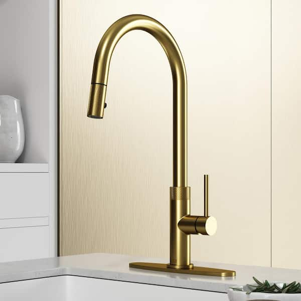 VIGO Bristol Pull Down Sprayer Kitchen Faucet Set With Deck Plate In   Matte Brushed Gold Vigo Pull Down Kitchen Faucets Vg02033mgk1 64 600 