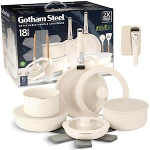 18 Piece Aluminum Ceramic Nonstick Detachable Handle Cookware Set in Cream