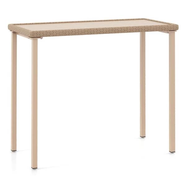 Kadehome Light Brown Rectangle Metal Wicker Rattan 40 in. H Outdoor Dining Bar Table with Heavy Duty Rectangle Metal Frame