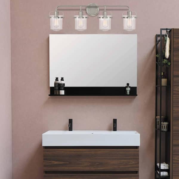 Jaxon 33 in. 4-Light Brushed Nickel Industrial Vanity Light with Clear Glass Shades