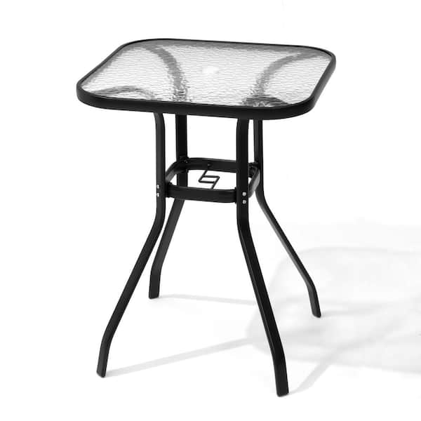 Pellebant Black Square Aluminum Outdoor Bistro Table Tempered Glass Top with Umbrella Hole
