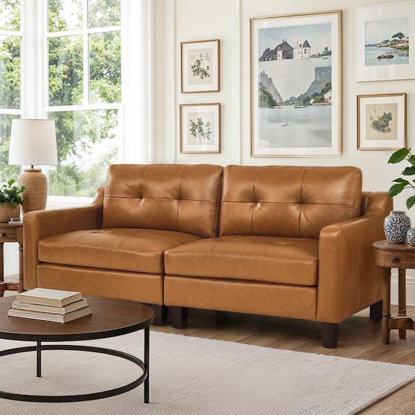Haiza 82 in. W. Genuine Leather Sofa Thick Solid Wood Leg Upholstered Rectangle Couch with Square Arms in Brown