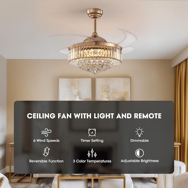 52 in. Indoor Gold Smart Retractable Crystal Ceiling Fan with Adjustable LED Light Included with Remote and App Control