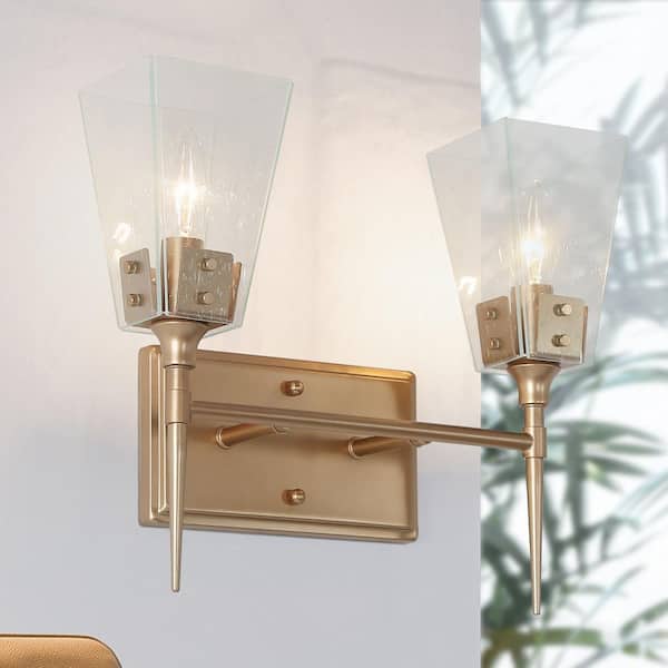 Modern 2-Light Bell Gold Vanity Light Bathroom Wall Light Fixture with Seeded Glass Shades