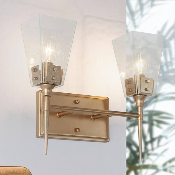 Uolfin Modern 2-Light Bell Gold Vanity Light Bathroom Wall Light Fixture with Seeded Glass Shades