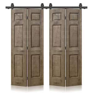 60 in. x 80 in. Vintage Brown Stain 6 Panel MDF Double Hollow Core Bi-Fold Barn Door with Sliding Hardware Kit