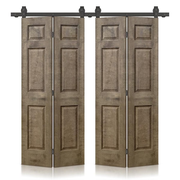 CALHOME 60 in. x 80 in. Vintage Brown Stain 6 Panel MDF Double Hollow Core Bi-Fold Barn Door with Sliding Hardware Kit