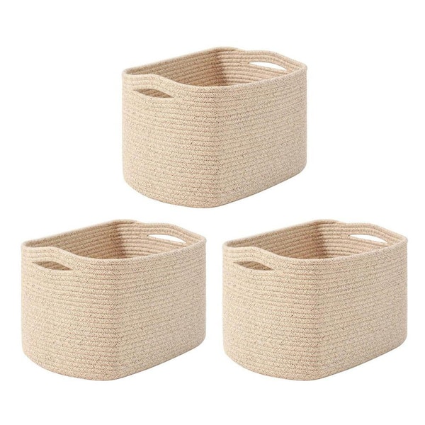 Beige 12 in. x 4.5 in. Woven Basket 3 Packs, Cotton Storage Basket
