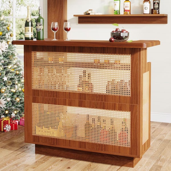 Kearsten 43.3 in. Rattan Home Bar Unit, Farmhouse 4-Tier Bar Table with Wine Racks and Glass Holder, Caramel Brown