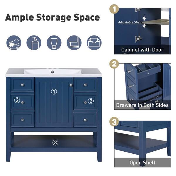 LuckByte 36 in. Blue Wood Rectangle Vessel Sink Bathroom Vanity