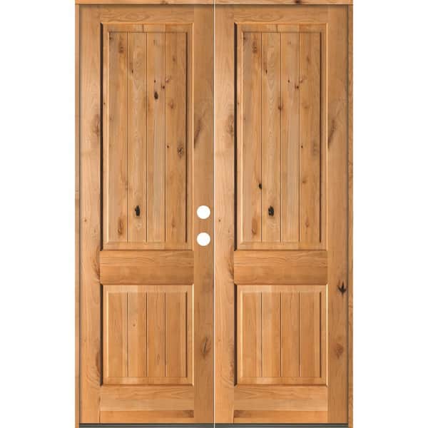 64 in. x 80 in. Rustic Knotty Alder Square Top Clear Stain /V-Groove Left-Hand Inswing Wood Double Prehung Front Door