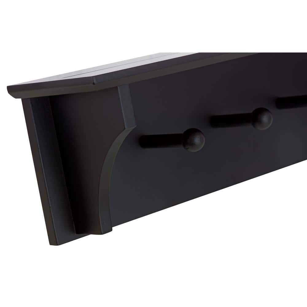 Black Asian Hardwood Wall Shelf with 5 Pegs