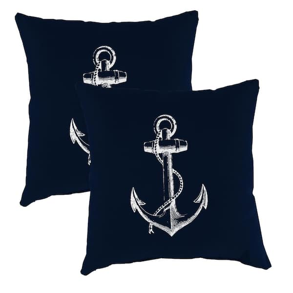 16 in. L x 16 in. W x 4 in. T Square Outdoor Throw Pillow in Anchor Navy (2-Pack)