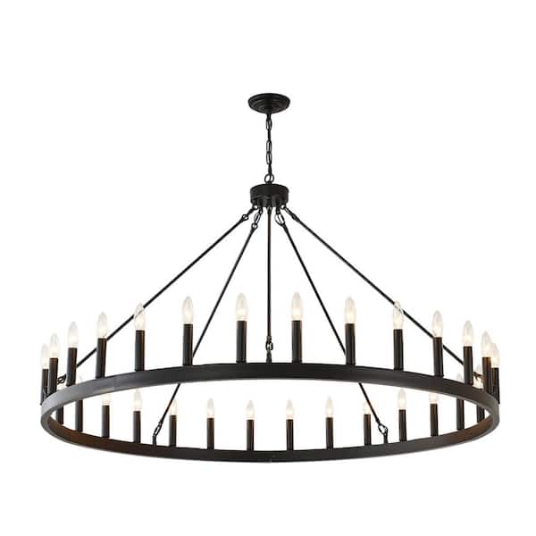 30 Lights Large Black Wagon Wheel Chandelier, 53in Farmhouse Country Round Pendant Light Fixture for high Ceiling