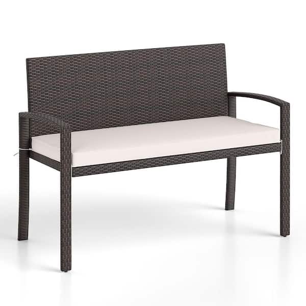 2-Person Wicker Outdoor Bench with Soft Seat Cushion and Metal Frame
