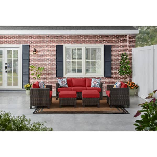 StyleWell Sharon Hill Powder Coating 1-Piece Wicker Outdoor Couch with Chili Cushions