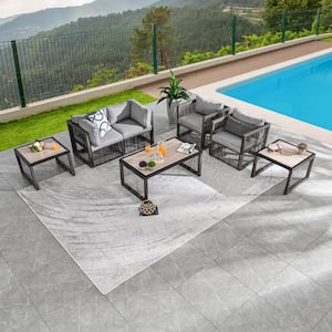 7-Piece Wicker Patio Conversation Deep Seating Set with Gray Cushions