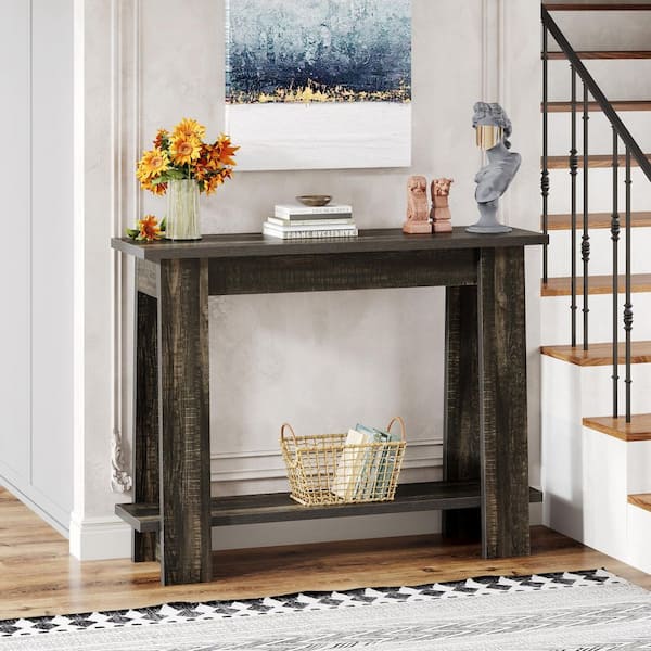 Turrella 41 in. Gray Rectangle Wood Console Table with 2-Tier Storage Shelf Small Accent Entryway Sofa Table for Hallway
