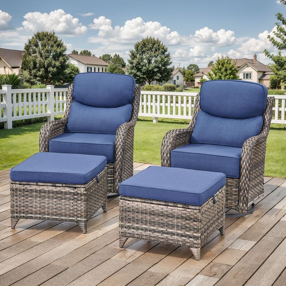 NovaSwivel 4-Piece Gray Wicker Outdoor Swivel Glider Patio Rocking Chair with 6 in. Thick Blue Cushions and Ottoman price history on PriceWatchPro