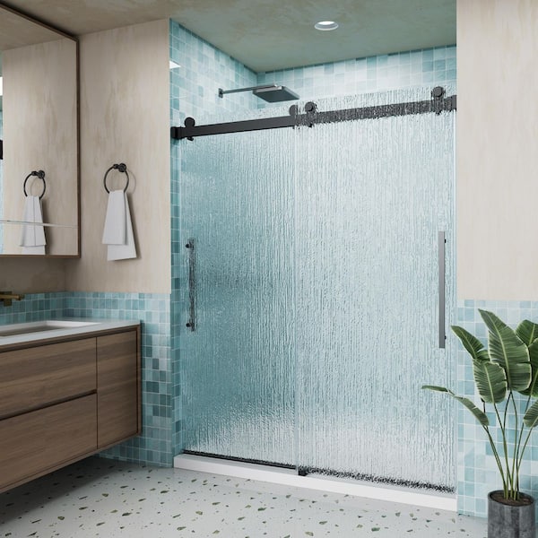 56 in.- 60 in. W x 74 in. H Double Sliding Frameless Shower Door in Matte Black with Rain Glass