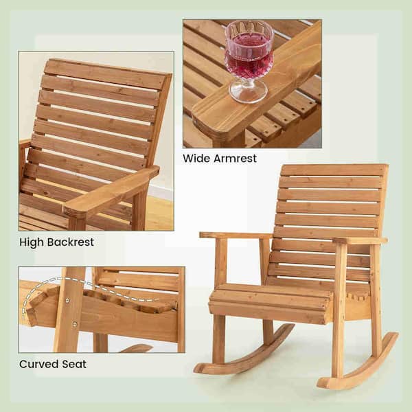 2-Pieces Patio Wood Outdoor Rocking Chair High Back Fir Wood Armchair Natural Garden Yard