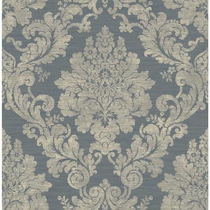 Prestigious Damask Blue and Gold Paper Non-Pasted Strippable Wallpaper Roll (Cover 56.05 sq. ft.)