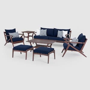 Vaughn 7-Piece Wood Patio Conversation Set with Sunbrella Navy Blue Cushions