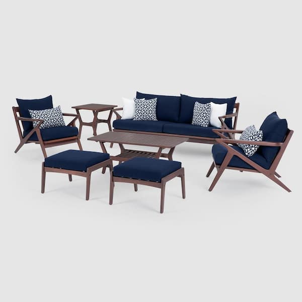 RST BRANDS Vaughn 7-Piece Wood Patio Conversation Set with Sunbrella Navy Blue Cushions