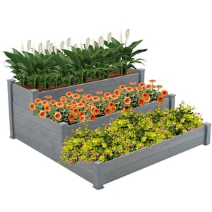 4 ft. x 4 ft. 3-Tier Wooden Raised Garden Bed Planter Box Kit for Plants, Vegetables, Outdoor Gardening, Gray