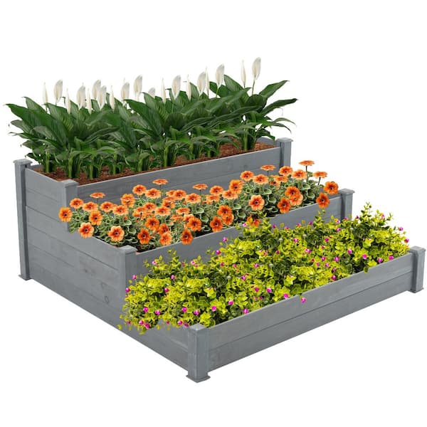 Thanaddo 4 ft. x 4 ft. 3-Tier Wooden Raised Garden Bed Planter Box Kit for Plants, Vegetables, Outdoor Gardening, Gray