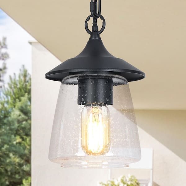 LNC Modern Farmhouse Black Outdoor Pendant Light for Covered Porch Gazebo, 1-Light Hanging light with Seeded Glass Shade