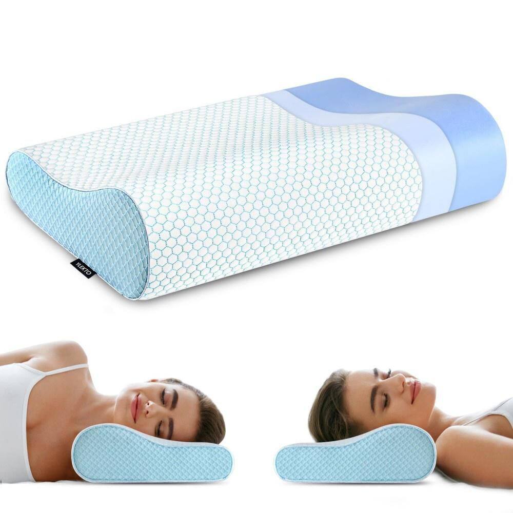 Memory Foam Cervical Pillow, 14 in. x 4.9 in. Bed Neck Support Pillow, Ergonomic Contour for All Sleepers in Blue price history on PriceWatchPro