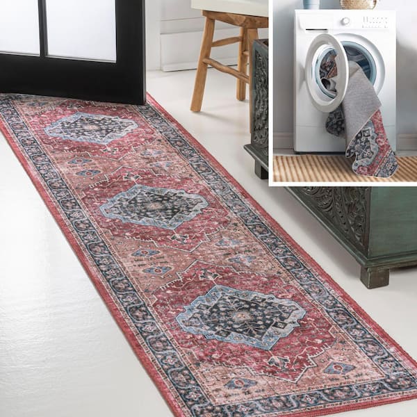 JONATHAN Y Alacati Ogee Medallion Machine-Washable Red/Blue/Brown 2 ft. x 8 ft. Runner Rug