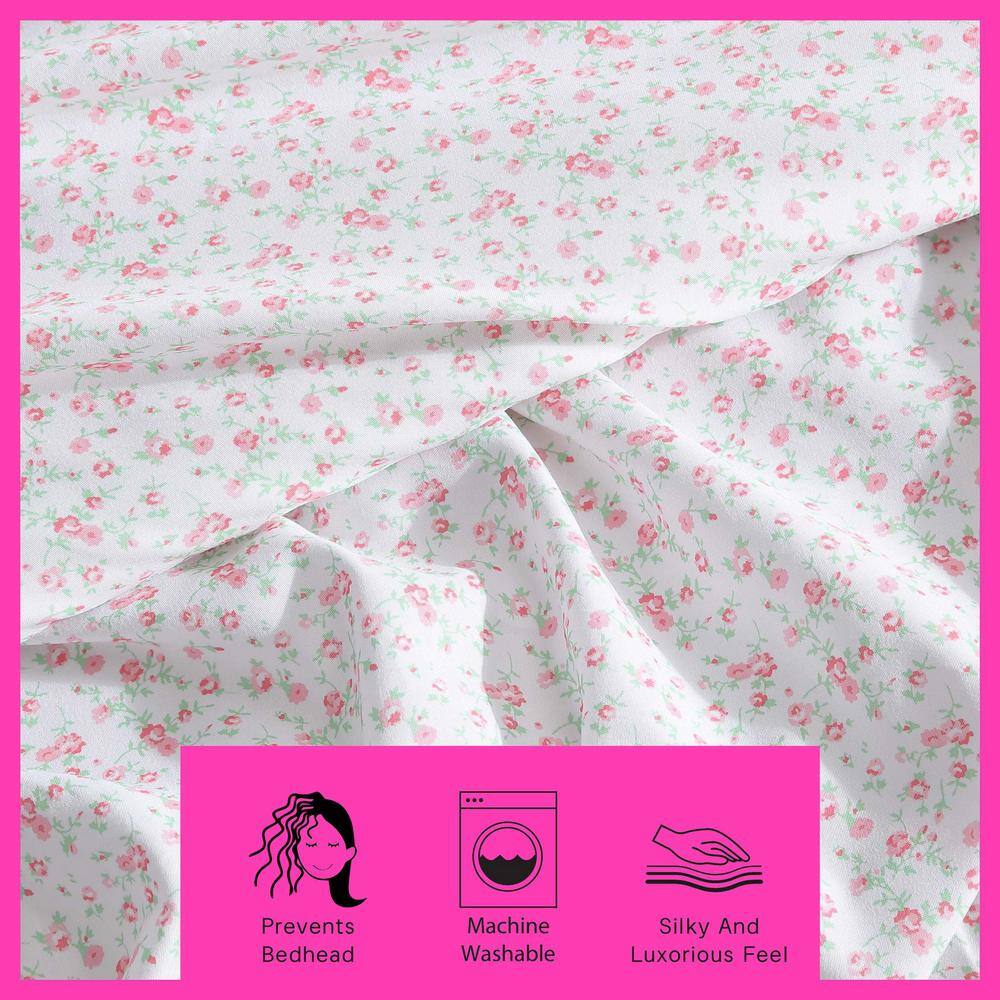 Queen Light Pink Floral Satin Microfiber Sheet Set