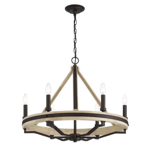 Minka Lavery - Sonoma 6-Light Dark Bronze with Natural Solid Oak Wood Wagon Wheel Chandelier for Dining Room, Kitchen No Bulbs Included