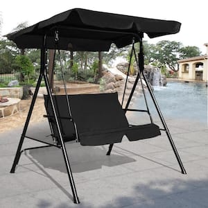 Black 2-Person Metal Porch Swing with Black Cushion and Adjustable Canopy