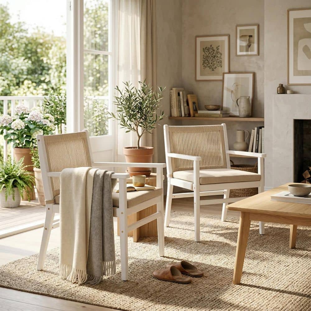 Wood Outdoor Dining Chairs with Rope Design Back and Beige Water Repellent Cushion, White (2-Pack) price history on PriceWatchPro