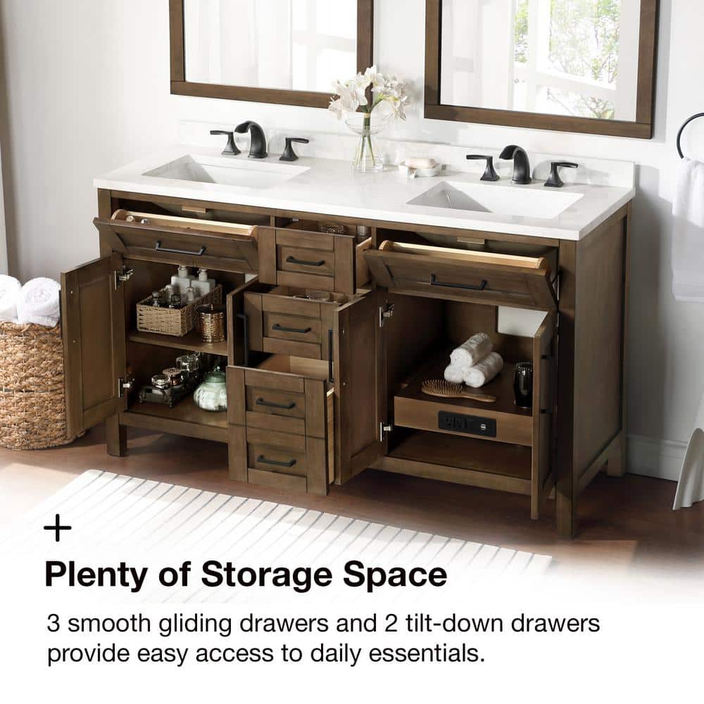 Espresso Double Sink Vanity with White Marble Top and Mirrors