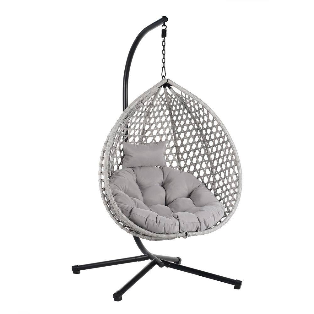 1-Person Metal Patio Swing Egg Chair with White Chair and Tan Cushions for 