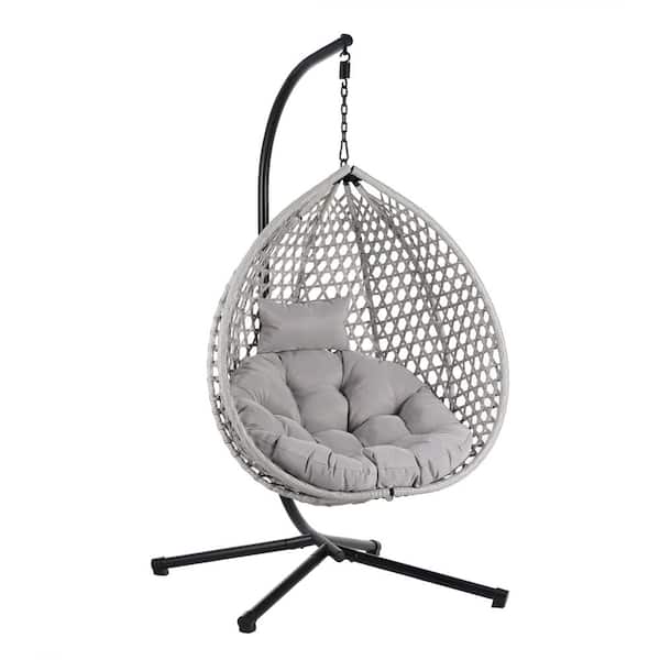 Unbranded 1-Person Metal Patio Swing Egg Chair with White Chair and Tan Cushions for Indoor and Outdoor