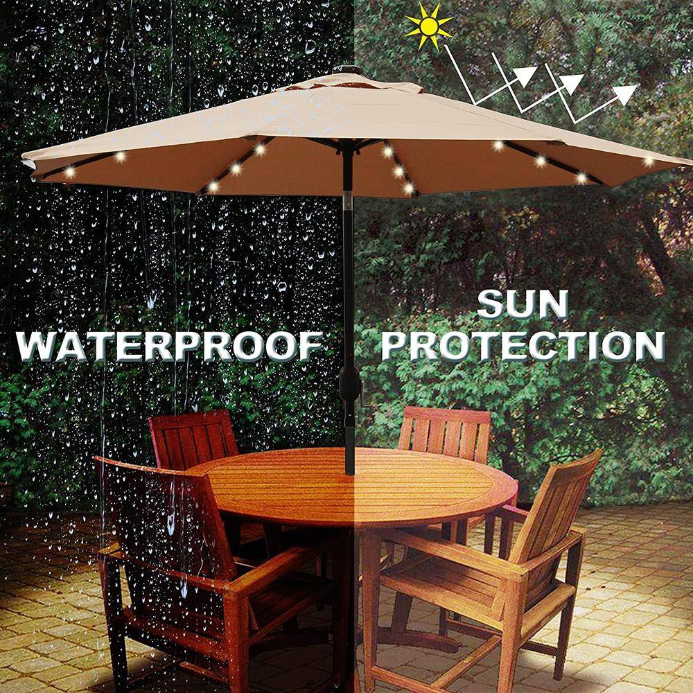 Tan 9 ft Round LED Lighted Market Umbrella with Black Aluminum Pole