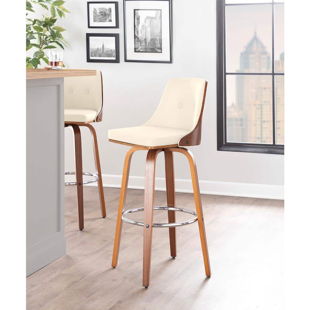 Cream and Walnut Swivel Barstools with Chrome Accents, Set of 2