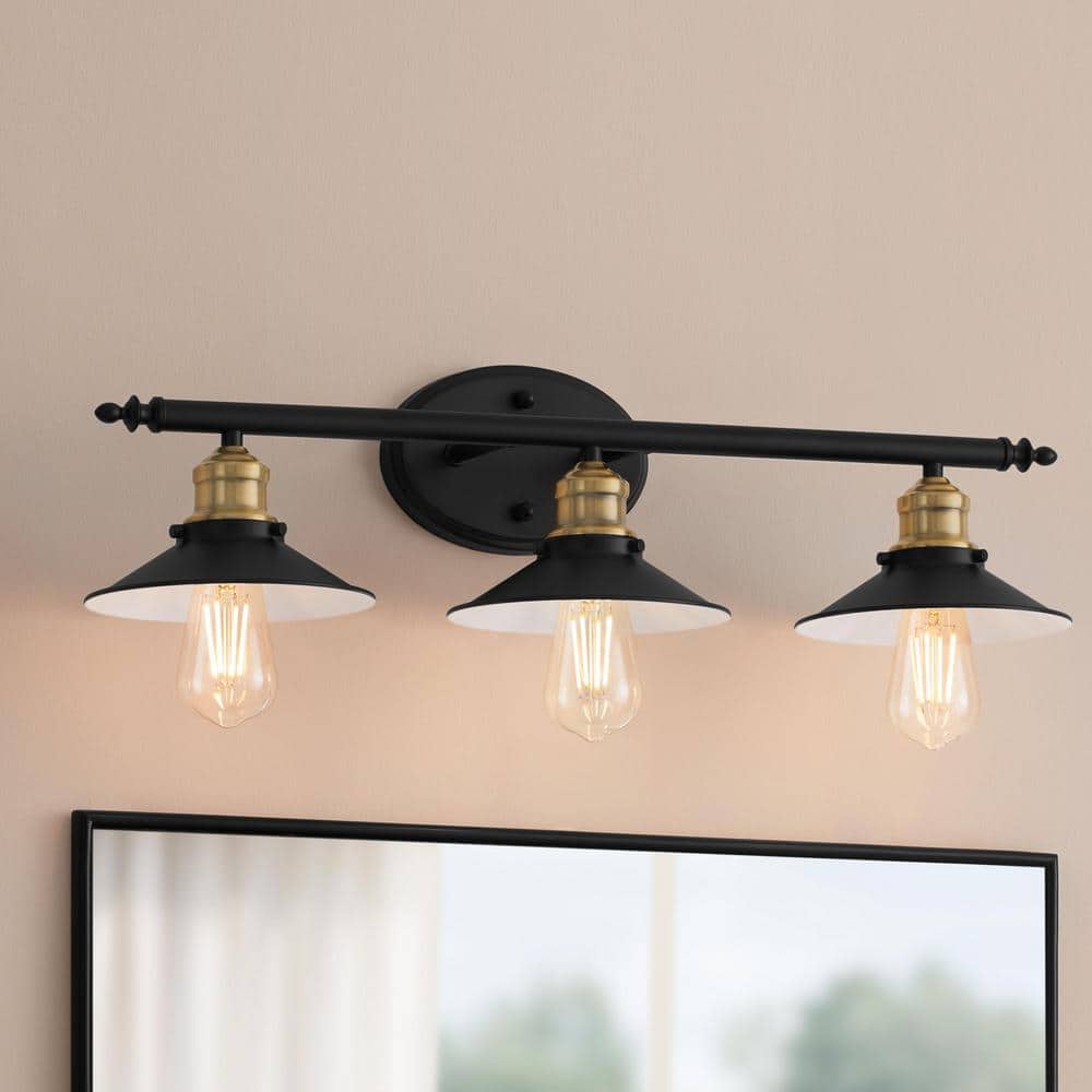 Glenhurst 25 in. 3-Light Industrial Farmhouse Black and Brass Bathroom Vanity Light Fixture with Metal Shades price history on PriceWatchPro