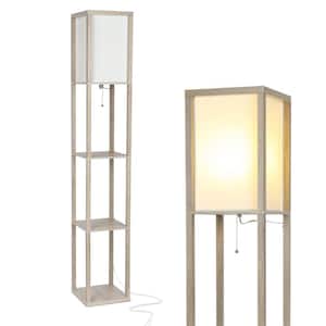 Maxwell 63 in. Rustic Wood Traditional 1-Light LED Energy Efficient 3-Shelf Floor Lamp with White Fabric Square Shade