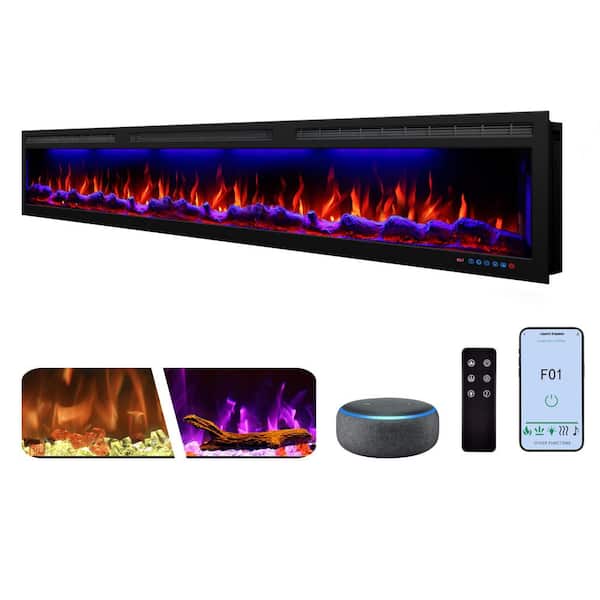 Delandgrand 88 in. Wall-Mount and Recessed Electric Fireplace Insert in Black Alexa-Enable, Remote and Touchscreen Multicolor Flame