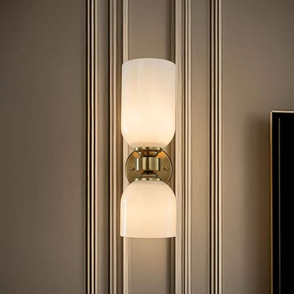 5 in. Vintage Brass 2-Light Wall Sconce with Milky Glass Shades Dimmable Vanity Light for Bathroom Or Hallway