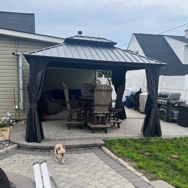 10 ft. x 12 ft. Gray Aluminum Hardtop Gazebo Canopy with Netting and Curtains