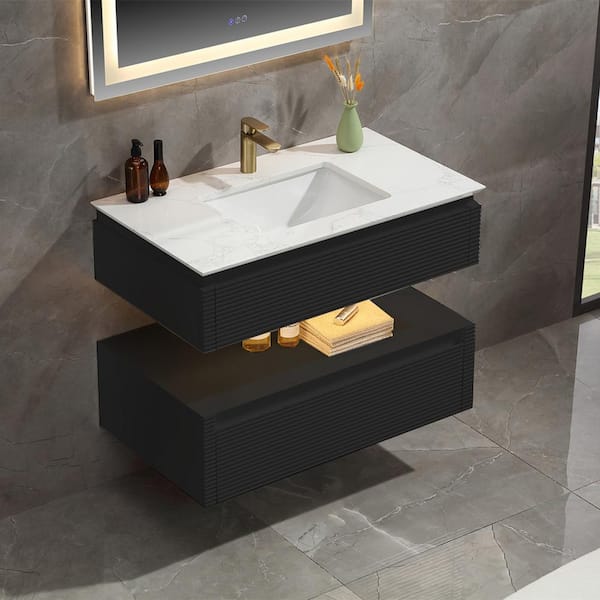 Lonni 36 in. W X 20.7 in. D X 19.6 in. H Single Wall Hung Bath Vanity in Black Tone with White Engineered Marble Top
