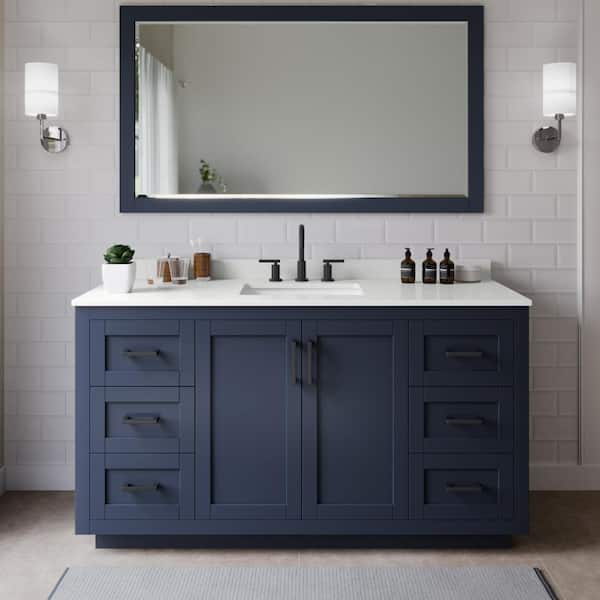 Wyndham Collection Miranda 66 in. W x 22 in. D x 33.75 in. H Single Bath Vanity in Dark Blue with White Quartz Top and 58 in. Mirror